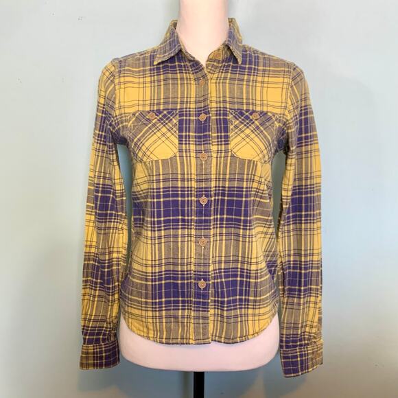 American Eagle Outfitters Tops - American Eagle Outfitters Yellow and Blue Plaid Flannel Button Down Size 4